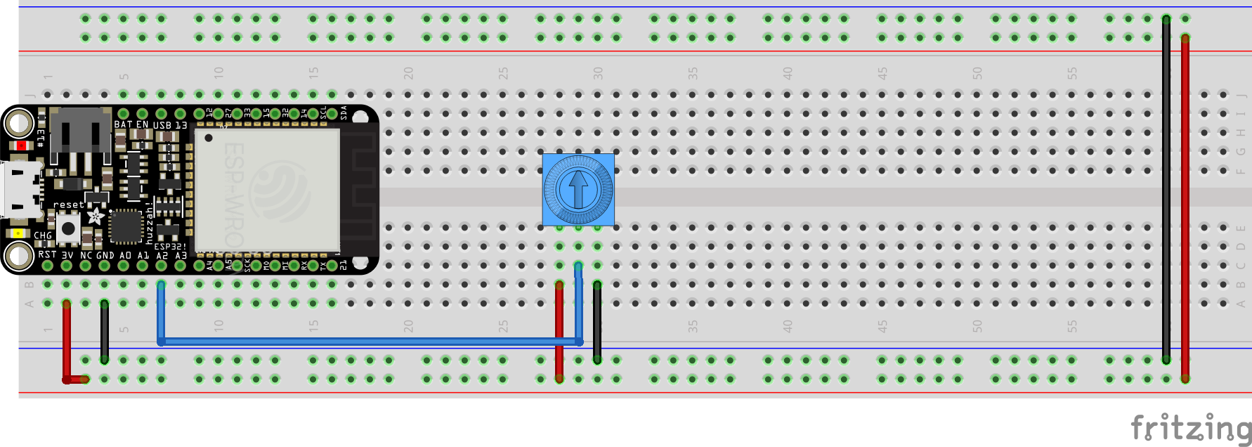 Adafruit ESP32 plugged into a breadboard with a potentiometer connected to input A2