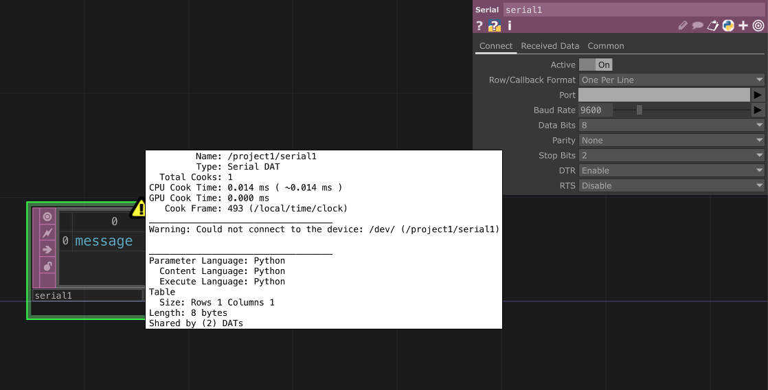 Initial Serial DAT in TouchDesigner