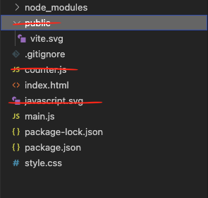 File structure view showing what to delete in Vite: public folder, counter.js and javascript.svg