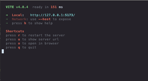 Terminal view showing running Vite server