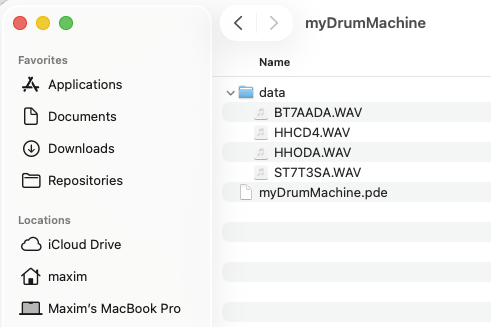 Processing sketch folder structure showing the data folder with .wav files