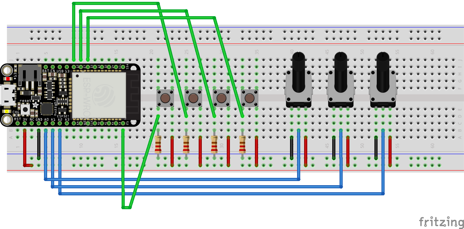 Breadboard schematic showing 4 buttons and 3 potentiometers connected to an ESP32 HUZZAH32 board
